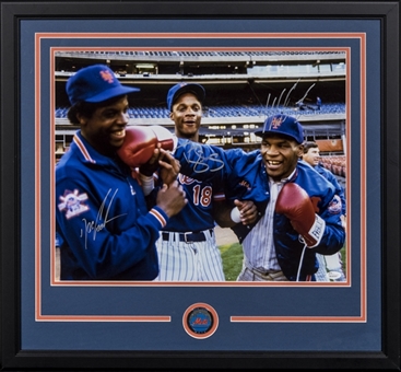 Mike Tyson, Darryl Strawberry & Doc Gooden Multi Signed Photo In 26x24 New York Mets Framed Display (JSA & Beckett)